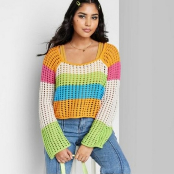 wild fable Sweaters - SOLD - Wild Fable Knit Multi Color Sweater Square Neck Stripe Women’s XL